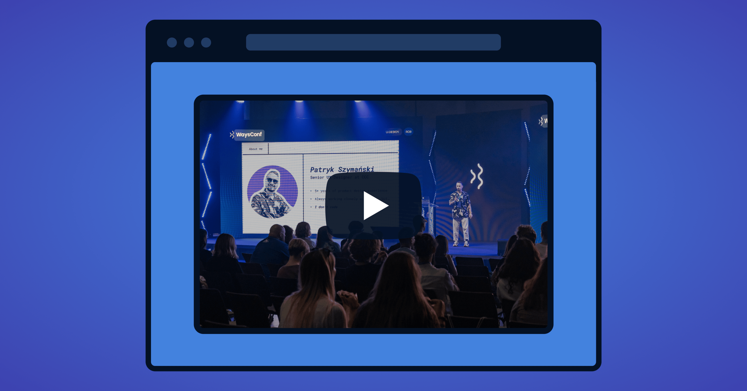 Browser mockup with a YouTube video thumbnail